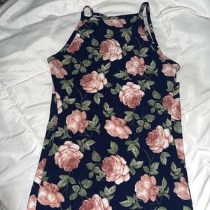 Midi tight navy blue dress with dusty roses print